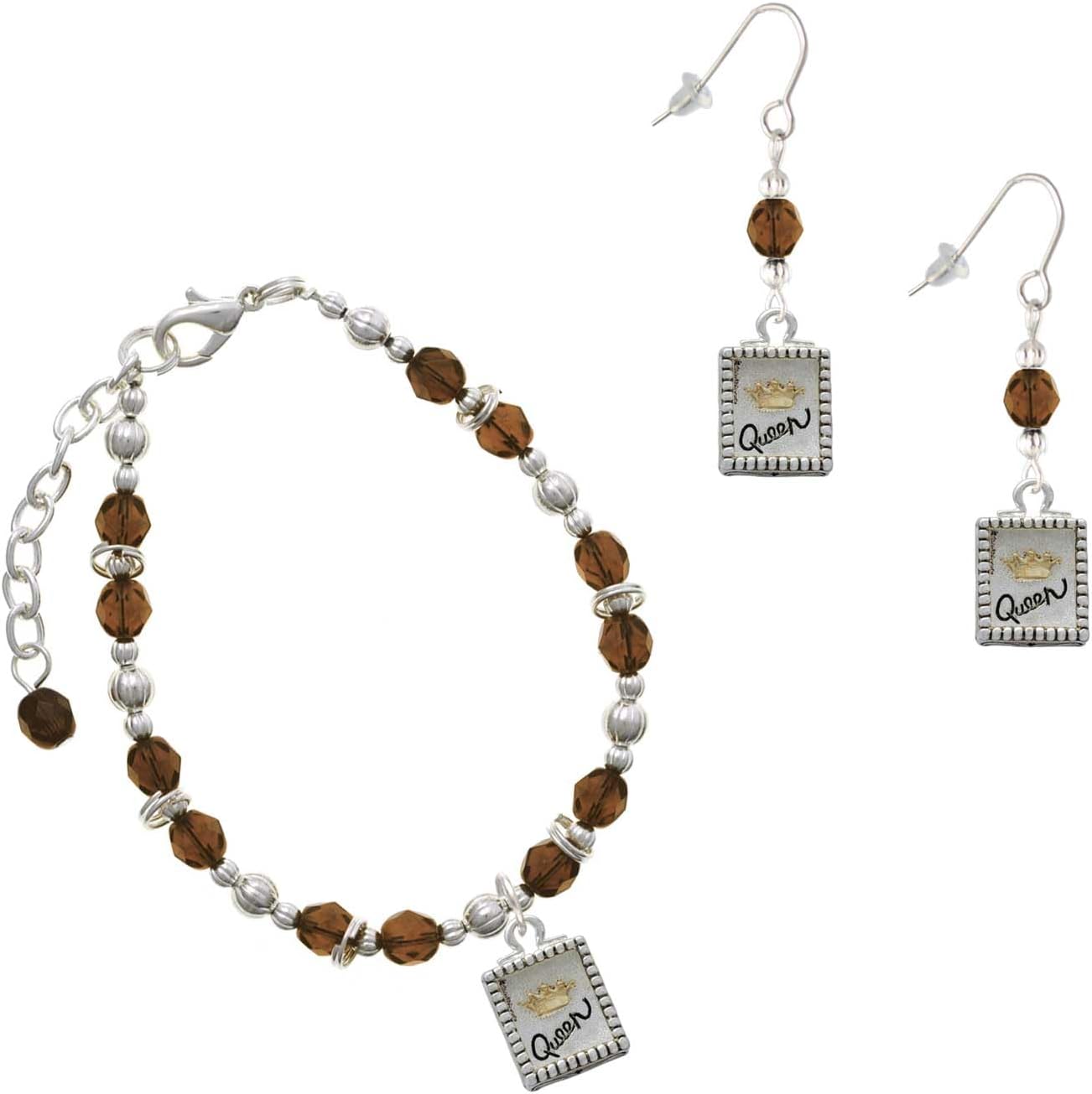 Delight Jewelry Two-tone Shadow Charm ''Queen'' with Goldtone Crown Charm Beaded Bracelet and Earrings Set