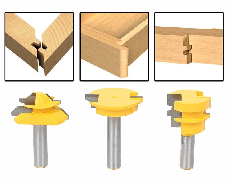 3 Pz 12mm 1/2 Gambo Tenone Punte del Router Set Cassetto Stampaggio 45 Gradi Blocco Mitra Bit Colla Giunto Fresa for Legno(12.7mm Shank)