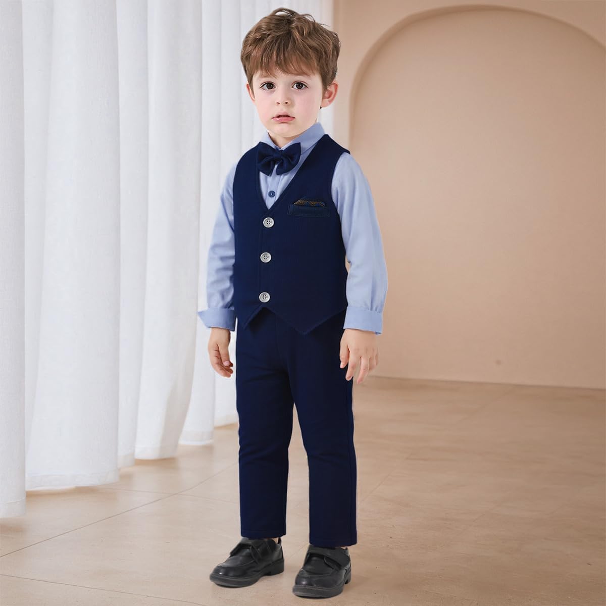 Baby Boys Pants Sets, Infant Long Sleeve Shirt + Pants + Bow Tie + Vest Outfits - Image 2