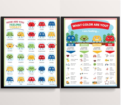 ajdvart Feelings Chart for Kids & Teens - How Are You Feeling Today 2 Posters Set Mental Health Emotions Posters for Therapy, Calm Down Corner, Classroom - Unframed Canvas 12"x16"