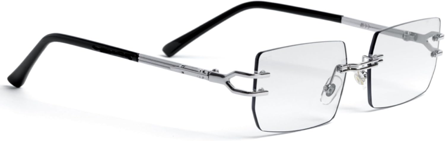 Retro Original Vintage Style Designer Rimless Clear Lens Rectangular Silver Wire Frame Metal Unisex Square Frameless Men’s Women Clear Tint Rectangle Hip Hop Eye Glasses