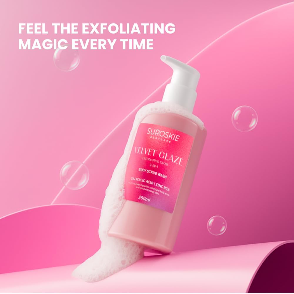 Suroskie Velvet Glaze Exfoliating Glow 2 In 1 Body Scrub Wash | With Salicylic/Glycolic Extract & Niacinamide | For Body Acne, Tan Removal, Glowing Skin | Body Wash Shower Gel For Women & Men