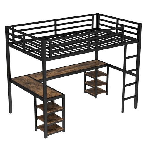 Image of Twin XL Metal Loft Bed with Desk and Shelves, L-Shaped Frame with Ladder and Twin-Length Guardrails, Space-Saving Bed for Bedroom, White