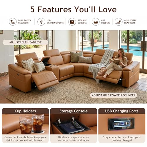 Image of Power Reclining Sectional Sofa, 5 Seat L-Shaped Leather Recliner Sofa with USB Charging /Storage Console /Cup Holders, Home Theater Seating, Light Brown Sectional Couch for Living Room, Apartment