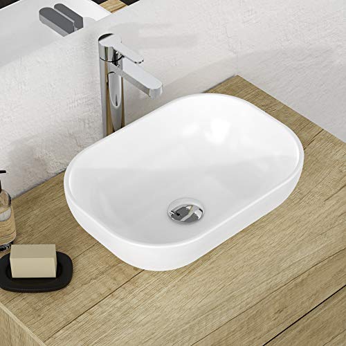 BAIKAL Keramikwaschbecken auf Arbeitsplatte, oval, weißes Hochglanz-Finish, Maße 45,5 x 33 x 13,5 cm, ohne Hahnloch, Lieferung mit verstärkter Verpackung