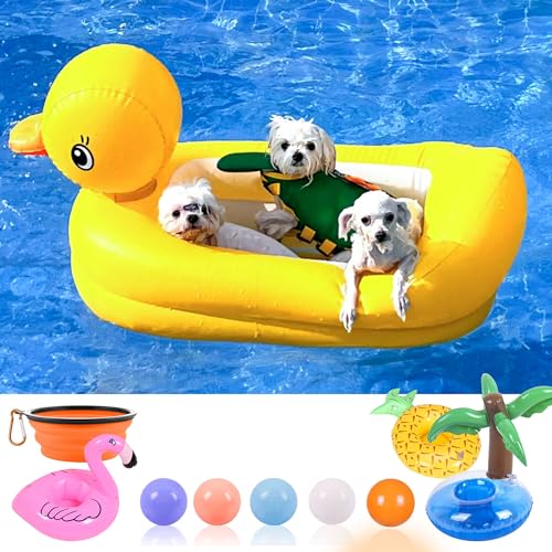 KUCDBUN Dog Pool Floats Set, Dog Float Raft with Collapsible Dog Bowl, Non-Toxic Floating Dog Water Toys for Small Dog, Puppy and Doggies, Yellow Duck