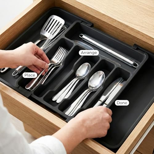 Image of Drawer Organizer Tray /Kitchen Expandable Utensil Tray /Adjustable Utensil Organizer /Cutlery Silverware Flatware Holder /Divider for Spoons Forks Knives Tableware (Black, 1 Pcs)