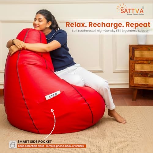Image of Sattva Classic Piping XXXL Bean Bag with Pocket Filled with Beans | Faux Leather Teardrop Bean Bag for Adults & Teens | Pre-Filled Comfortable Seating for Bedroom, Living Room - Red with Black Piping