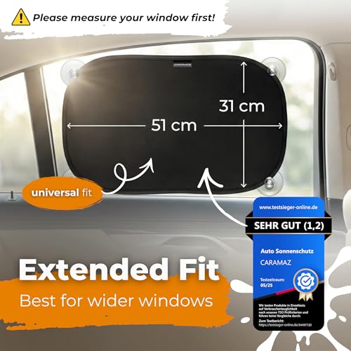 Image of CARAMAZ Sun Protection Car Baby with UV Protection, Reach Certified - Opti-Dark - GSM100+ Including Suction Cup - Blackout 51 x 31 cm, Pack of 2