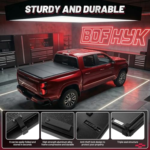 Image of BDFHYK Tri-Fold Truck Bed Tonneau Cover for Jeep Gladiator 2020-2026 5 FT Bed Heavy-Duty Truck Bed Protection Durable Aluminum Panels Hard Folding Tonneau Cover, Waterproof for Truck Camping