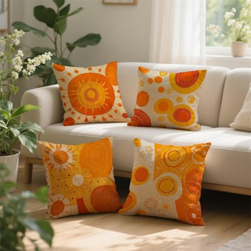 Housse coussin canape impermeable orange 45x45 lot de 4 en lin - 4