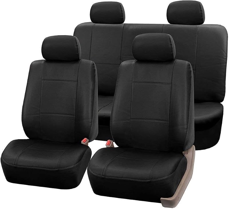FH Group Funda de asiento para automóvil Funda de asiento de automóvil de cuero PU de primera calidad Juego completo Compatible con airbag y banco dividido Fundas de asiento de automóvil negras Accesorios interiores Ajuste universal para automóviles Camiones SUV Accesorios para automóviles