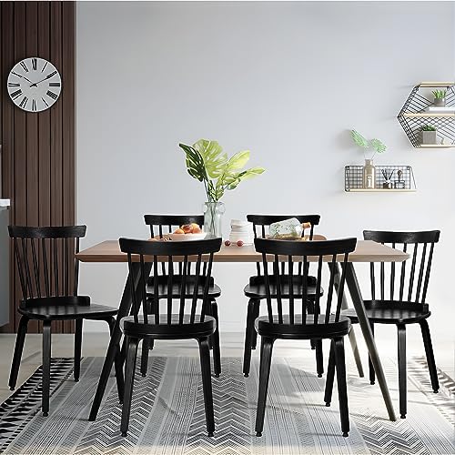 Bekrvio Dining Chairs Set of 6, Windsor Chairs with Bentwood Legs, Farmhouse Spindle Back Dining Chair, Mid-Century Country Style, Solid Wood Armless Kitchen Side Chairs for Living Room, Black