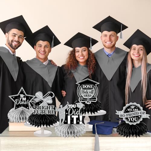 Image of 12pcs Graduation Table Decorations,Black Silver Graduation Decorations 2026 Graduation Centerpieces for Tables,Class of 2026 Centerpieces Honeycomb for Congrats Grad Table Decor(Black)