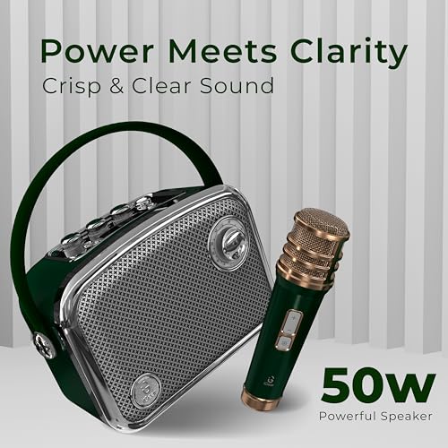 Image of iGear Classic Retro Bluetooth Speaker with Wireless Mic | 50W Powerful Sound, 2500mAh Battery, Bluetooth 5.3, MP3 Player, AUX | Portable Karaoke Speaker for Home, Parties (Green)