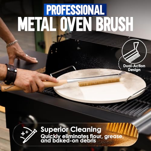 Image of KitchenStar 16-inch Pizza Making Set, 6 PCS - Pizza Stone + Stainless Steel Rack, Acacia Wood Pizza Peel, Pizza Cutter Rocker + Protective Cover, Metal Brush - Oven & Grill Accessories Kit