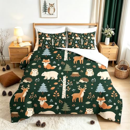 Image of Twin Green Forest Animal Comforter Set for Kids Bedroom Decor