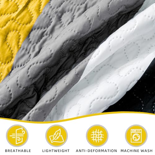 Image of Tyrot 3 Piece Yellow Grey Quilt King Size Black White Gray Bedding Set | Lightweight Bedspread, Geometric Coverlet with 2 Sham, Modern Abstract Soft Microfiber, Bed Cover for All Season, 106''x96''