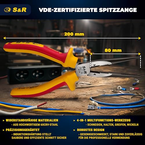 S&R VDE Flachrundzange 200 mm, gerade Spitzzange, 60 CrV hitze- und induktionsgehärtet für professionellen Einsatz, Härte HRC 66, Seitenschneider, 2K-Griff, Abrutschschutz, Storchschnabelzange