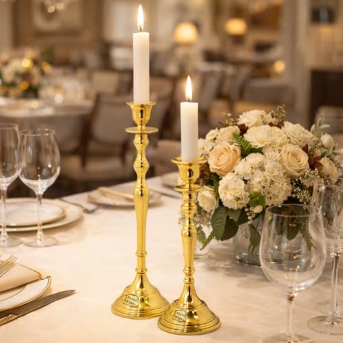 Image of Aluminum Royal Candle Holders for Tapered Candles, (Pack of 2, Golden), Candlestick Holder, Best Gift for Christmas Decor, Dining Table Decor