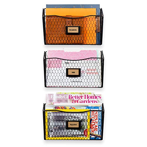 Wall35 Felic Hanging File Organizer, Folder and Mail Holder for Wall, Metal Chicken Wire Baskets with Tag Slot, Black Set of 3