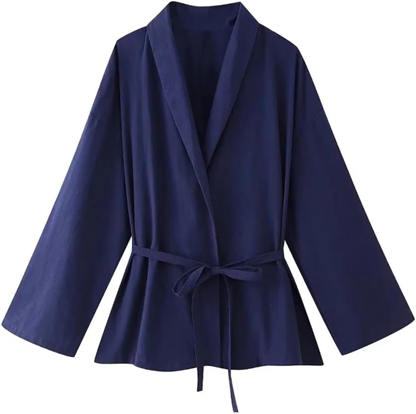 Women with Belt Textured Kimono Blouses and Mid Elastic Waist with Drawstring Trousers Female Two Piece Sets