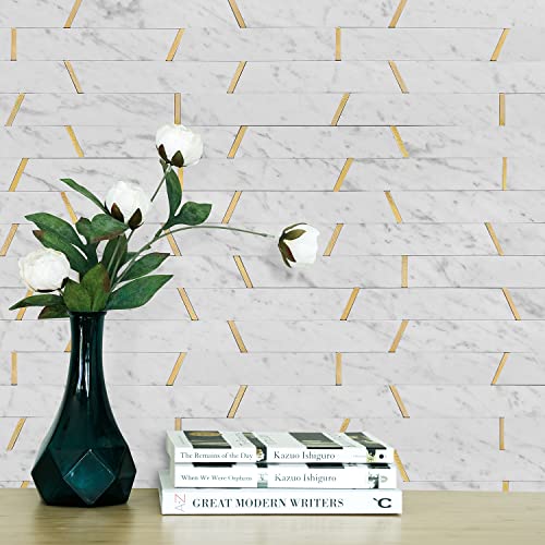 Stickgoo 10 Sheets Peel And Stick Backsplash, Carrara White Stick On Mosaic Tiles For Kitchen Wall Decor, Self Adhesive Mixed Metal Gold Backsplash For Kitchen #TOP23
