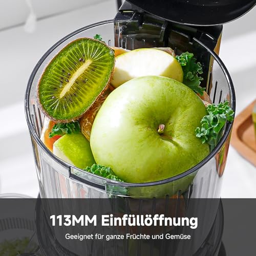 AMZCHEF Entsafter - Slow Juicer mit 113MM Breite und Größere Fütterungsröhre für Ganze Gemüse und Obst - Leicht zu Reinigender Entsafter mit 2 Gläsern - Silbrig – Bild 3