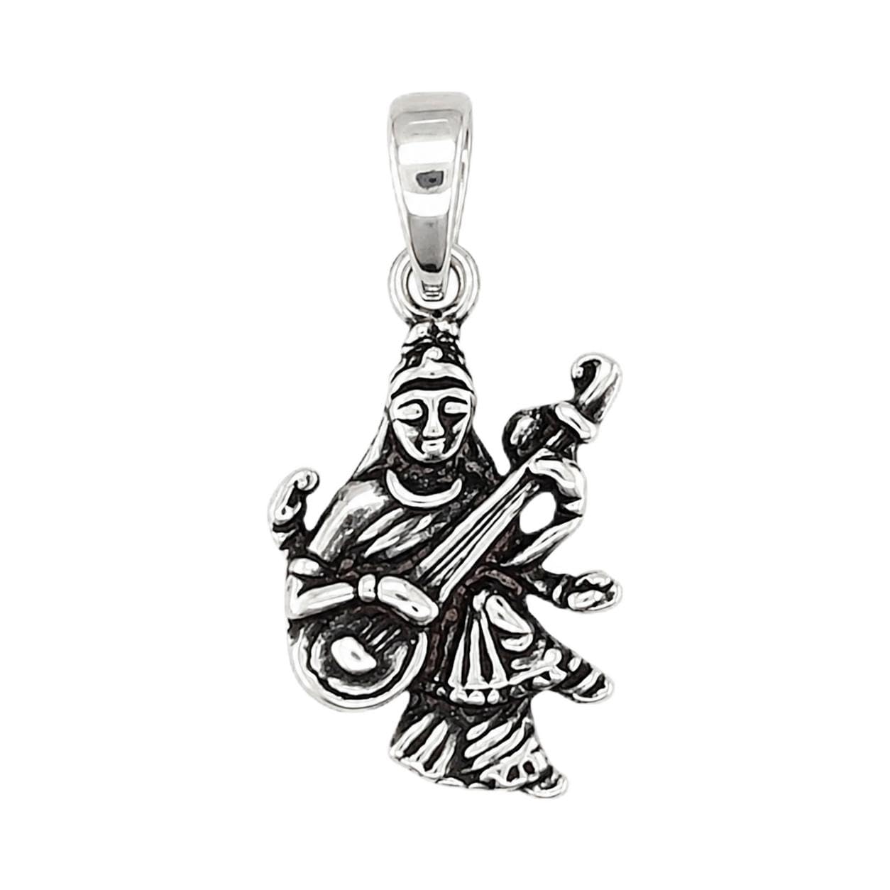 sahiba gems 925 Sterling Silver Saraswati Mata Locket Pendant for Men, Women, Boys & Girls | Goddess of Knowledge | Pure Silver Religious Pendant | 1 Inch | Approx. 2.200 Grams-picture-0