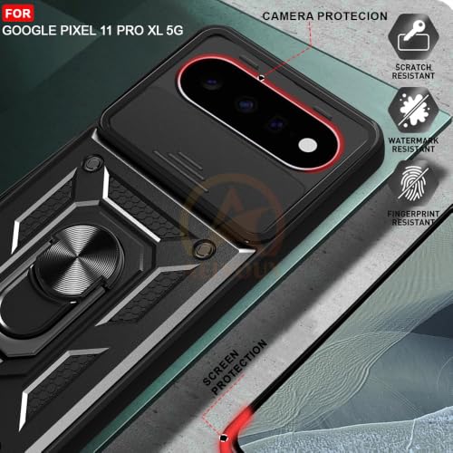 Image of Armor Bumper Back Cover Case for Google Pixel 11 Pro XL Rotating Camera Cover, Ring Holder & Kickstand | Heavy Duty & 360 Degree Protection Back Cover for Google Pixel 11 Pro XL (Black)