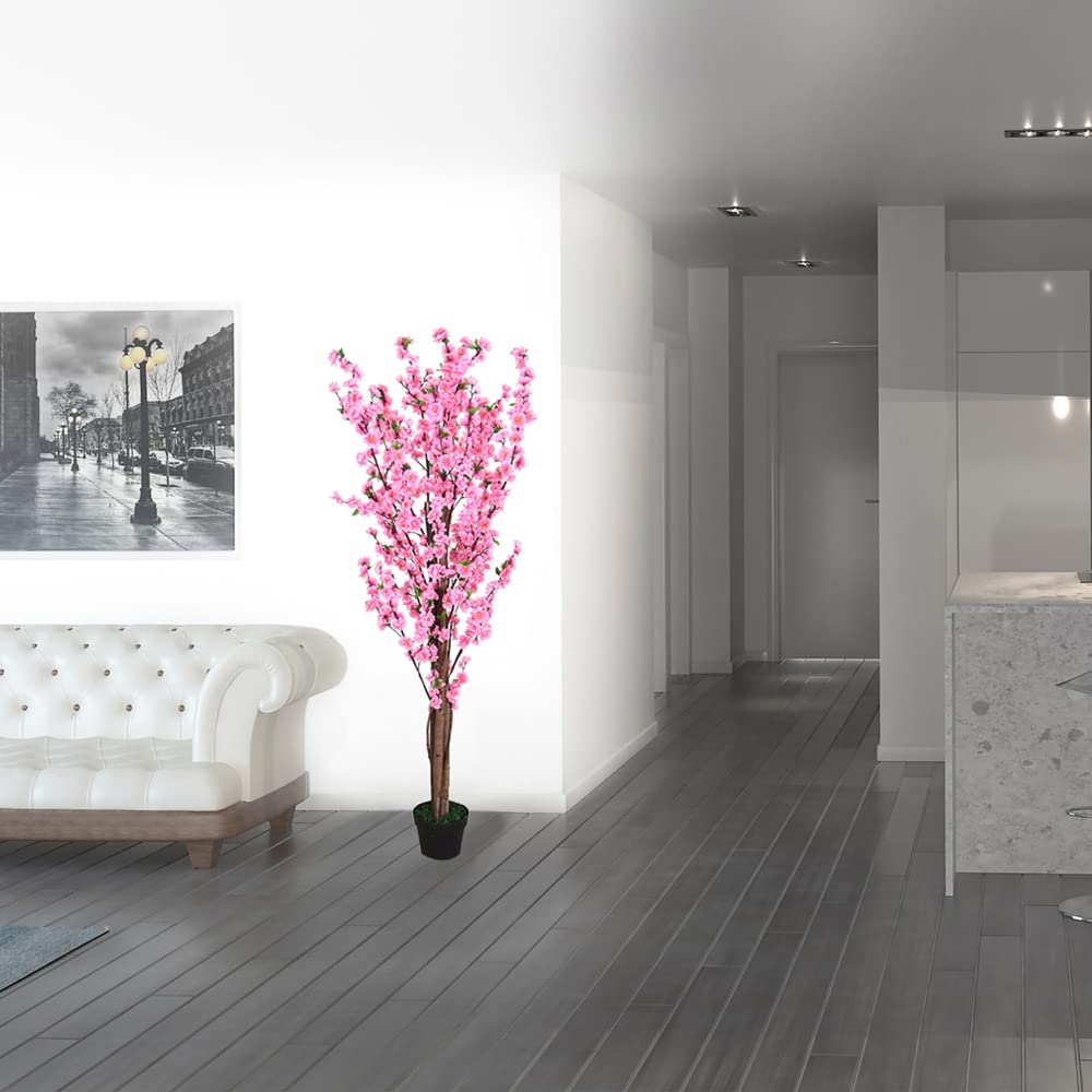 Decovego Pesco Pianta Albero Artificiale con Fiori 160cm con Legno Naturale