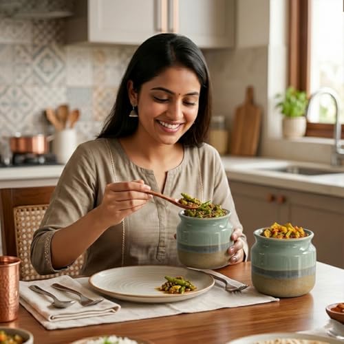 Image of The Earth Store Rustic Green Ceramic Jar Set of 2, 800ML Airtight Kitchen Storage Containers | Ceramic Jars for Spices, Sugar & Pickle Storage | Multipurpose Food Storage Containers for Kitchen