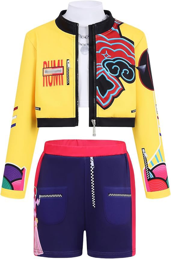 Rum Anime Costume Set, Yellow Jacket with Purple Shorts, 3-Piece Athletic Outfit for Girls3