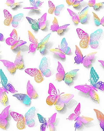 Image of 72Pcs 3D Butterfly Wall Decor, Pinkpurple Butterfly Decorations, 4 Styles 3 Sizes Removable Butterflies Wall Stickers Room Decor for Birthday Party Kids Bedroom Cake Nursery Room Decor