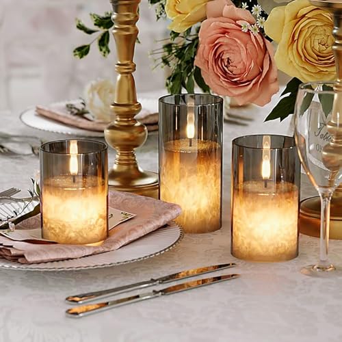 LED Kerzen mit Fernbedienung Timer Funktion mit Glas Tasse, Flackernde Flammenlose, Echtwachskerze, Batteriebetrieben - Grau – Bild 5