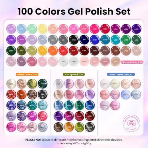 Image of Beetles Gel Nail Polish Set, 119 PCS 100 Colors Gel Polish Kit with Base, Glossy Matte Glitter Top Coat, Nook Pearl Cat Eye White Red Pink Nude Colors, Soak Off UV LED Home Manicure Gift for Women