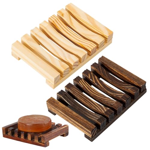 ZORTVUL 2 Pièces Porte Savon Bambou Naturel Bois Salle De Bain Cuisine Éponge Rangement Couleur Bois 11.5 Cm X 8 Cm X 2.2 Cm