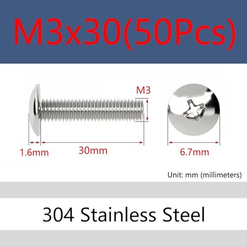 MOOPW Kreuz Champignon Runder Kopf Bolzen Edelstahl 304 Flachrundbolzen Maschine Schrauben Befestigungen M3 x 30mm 50 Pcs