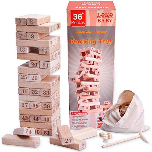 Lekebaby Jenga Classic Game Stacking Blocks Wooden Tumbling Tower for Kids Adults up 3 Years - 51 Pieces with Storage Bag