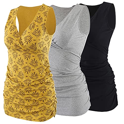 COLOMI maternità Allattamento Canotta Abbigliamento Premaman Top Sleep Reggiseno per L'Allattamento al Seno (Black+Grey+Yellow Print/3PACK, S)