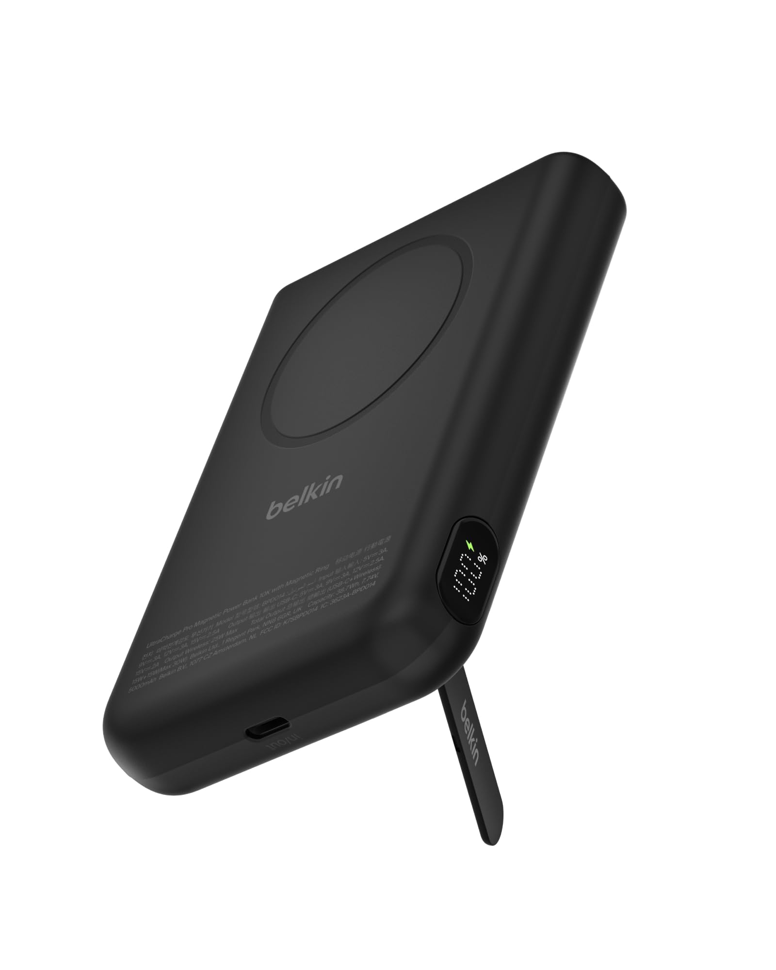 Belkin BoostCharge Batería Externa Magnética 10000 mAh con Soporte - Negro | Power Bank de 10000 mAh, Anillo Magnético, 1 Puerto USB-C, Cable Incluido, Apta como Equipaje de Mano, Batería Portátil