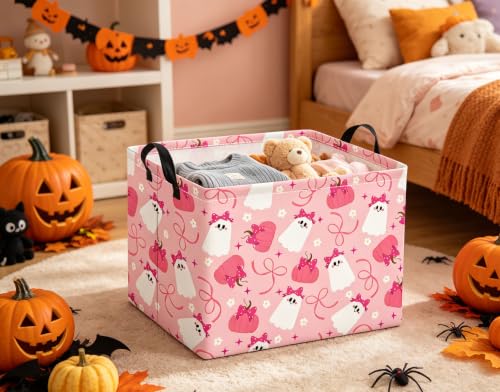 Image of Halloween Basket Cute Baskets for Kids Pumpkin Basket Rectangular Storage Bin Organizer Box Room Decor(Pink Bowknot Ghost)