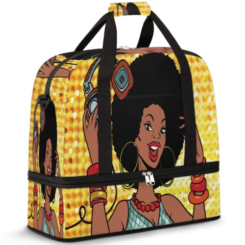 African Woman Pop Music Travel Duffle Bag, Sports Gym Bag With Shoes Compartment Weekender Bag Overnight Bag For Women Men