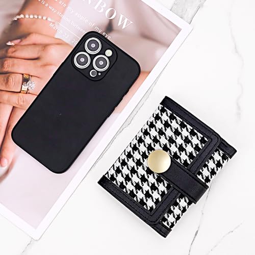 Women's Houndstooth Trifold Wallet, PU Leather and Fabric, Compact Multi-Pocket Credit Card Holder, Black 6