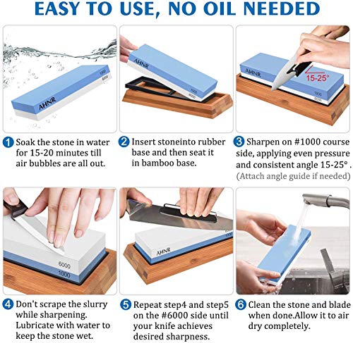 Whetstone Knife Sharpening Stone Dual Sided 1000/6000 Grit Waterstone, AHNR Premium Kitchen Knife Sharpener Whetstone Kit with NonSlip Bamboo Base & Angle Guide for Kitchen/Pocket Knives/Blades - Thumbnail 6