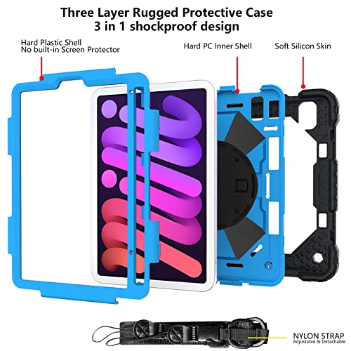 Bspring iPad Mini 6 Case (6th Generation 8.3 inch) 2021 with Pencil Holder 360 Stand Hand Strap Kids Shockproof Heavy Duty Rugged Cover for iPad Mini 6th Generation,Black+Blue - Image 3