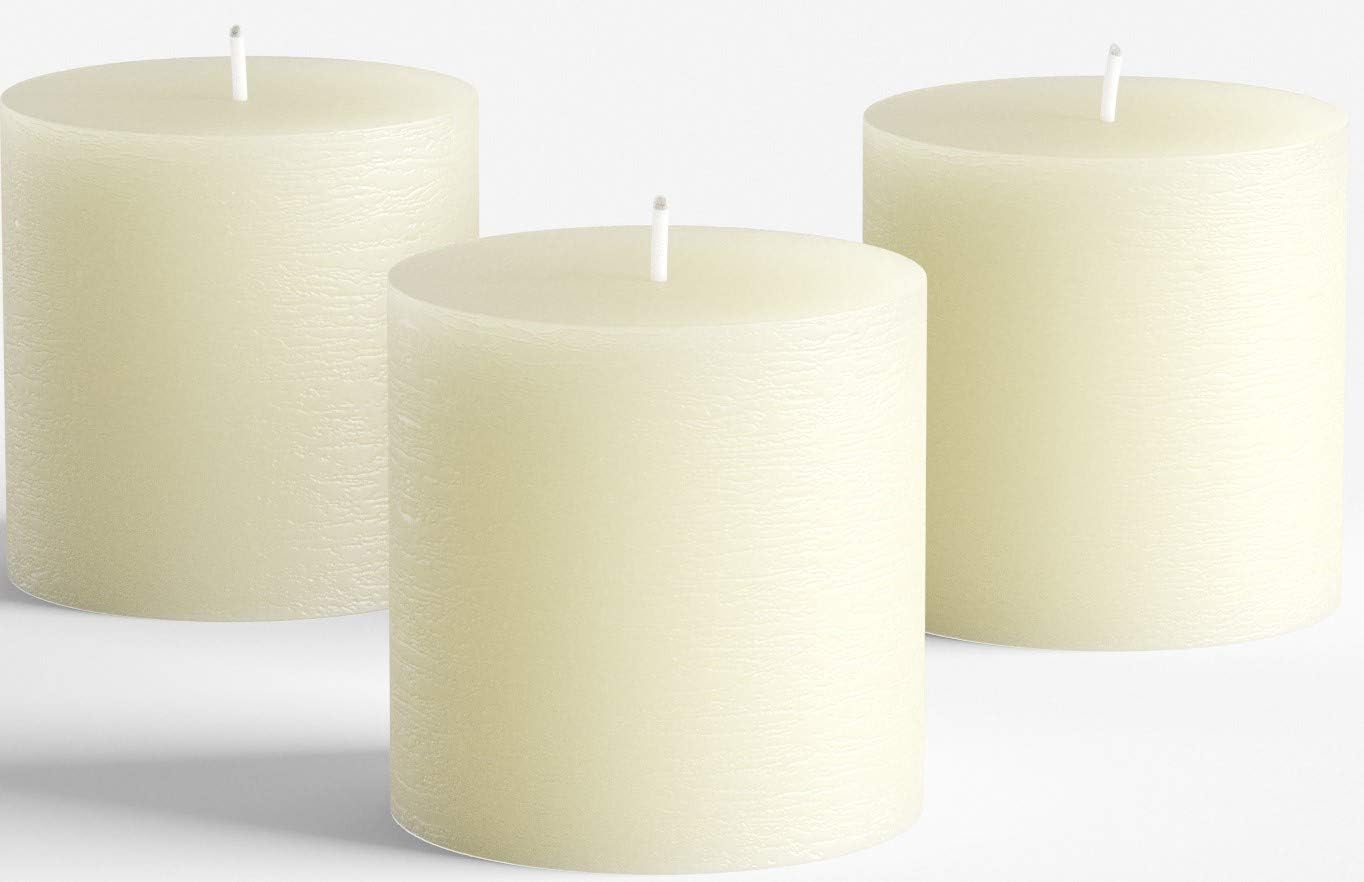 Set of 3 Pillar Candles 3" x 3" Unscented Handpoured Weddings, Home Decoration, Restaurants, Spa, Church Smokeless Cotton Wick - Ivory : Home & Kitchen
