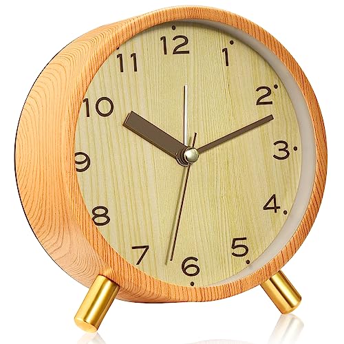 Analog Alarm Clocks,4.5 Metal Alarm Clock with Wood Grain Finish,Sound-Activated Night Light,Non-Ticking Silent,Battery Operated,for Bedroom,Bedside Desktop (Light Colored)