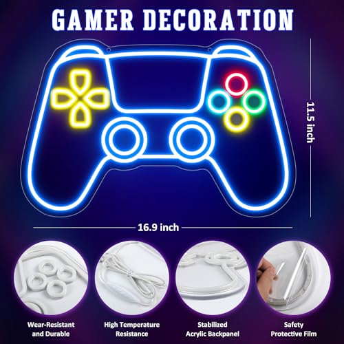 Gamer Neon Sign for Gaming Room Wall Decor 9-position Brightness Adjustable Gamepad Shape LED Neon Lights Sign Gamer Room Gifts for Teenage Boys and Kids 16.9