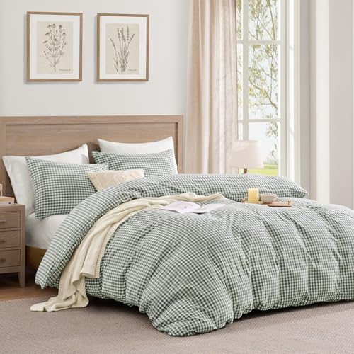 Image of Andency Sage Green Gingham Duvet Cover Queen, 100% Wash Cotton Linen Like Textured Breathable Comforter Cover Set, 3 Piece Classic Yarn-Dyed Checkered Plaid Bedding Set, 90 inch*90 inch